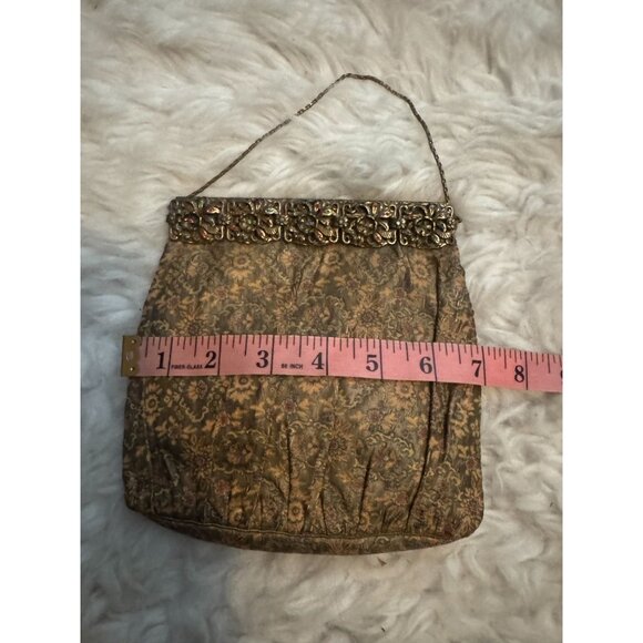 Vintage Tapestry Style Handbag Purse with Bejeweled Gold Tone Frame